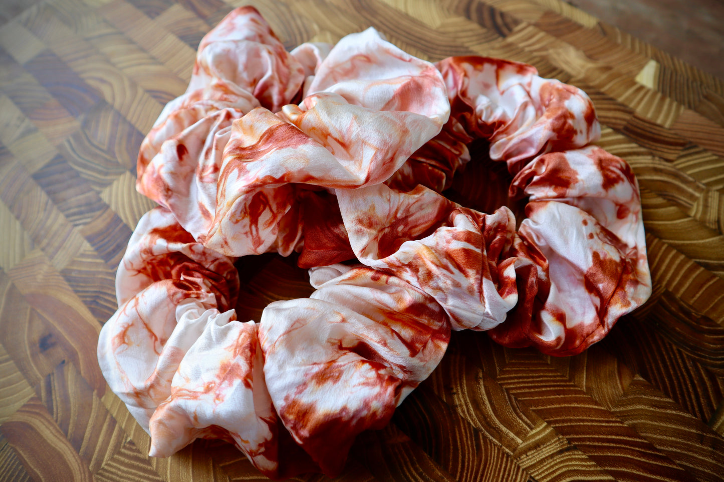 100% Silk Scrunchie | Hand-Dyed Mulberry Silk | "Rust & White Marbled"