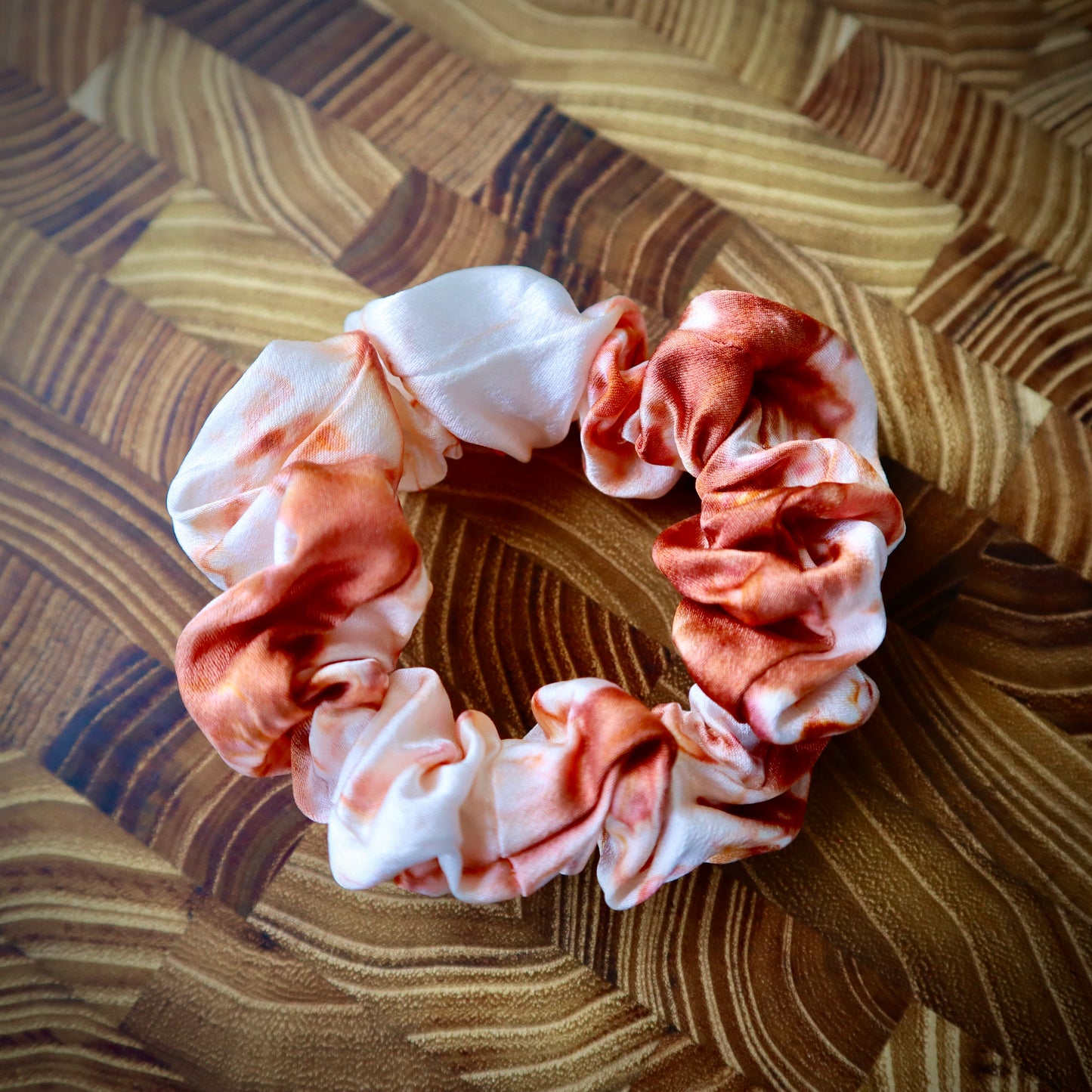 100% Silk Scrunchie | Hand-Dyed Mulberry Silk | "Rust & White Marbled"